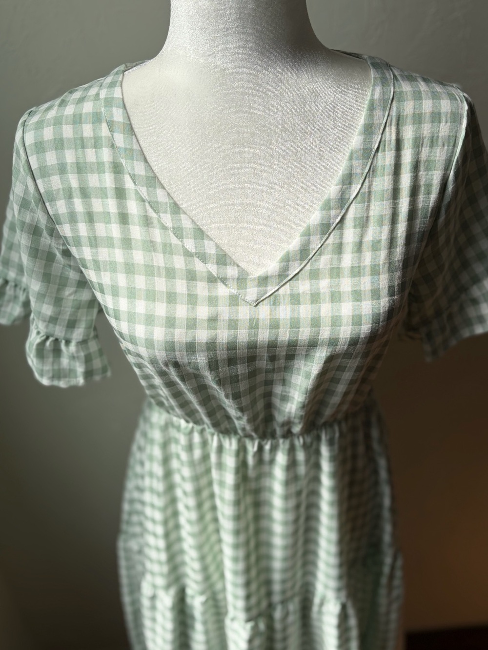 To My Lovers Sage Green Gingham Cotton Tiered Midi Dress Small NWT - Picture 5 of 12